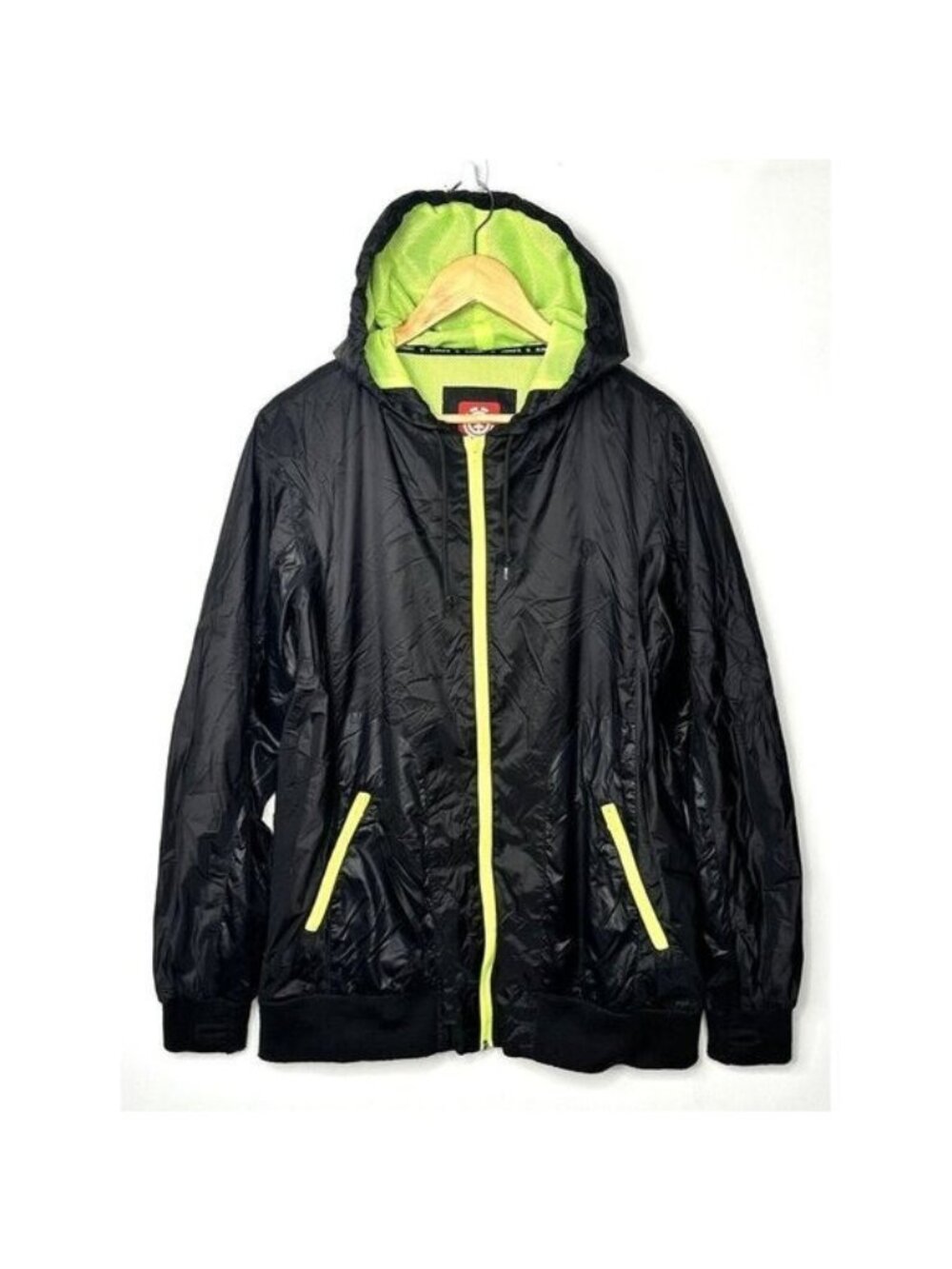 Element Mens Windbreaker Jacket L Black Neon Hooded Full Zip Thumb Holes Skate